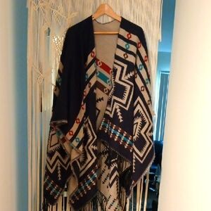 Geometric Patterned Poncho with Fringe